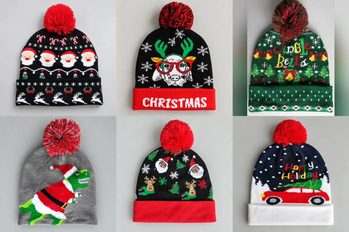 Six Christmas beanies with Santa, reindeer, dinosaur and holiday artwork
