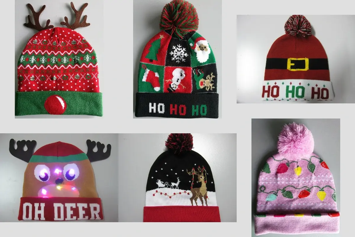 Six Christmas beanie designs showing antlers, pom poms, knitted motifs, lettering and LED decoration
