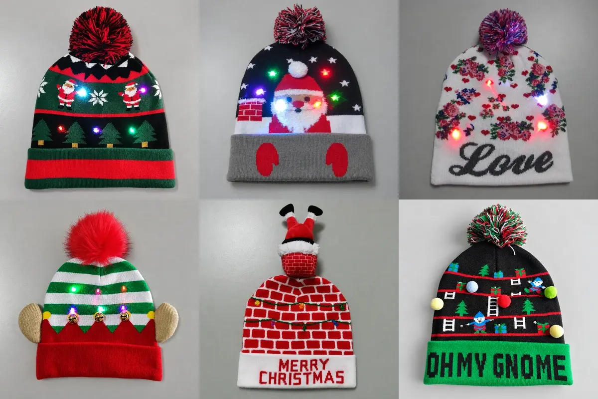 Six Christmas beanies with illuminated LEDs, light strings and colorful holiday decorations