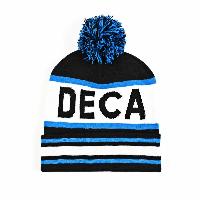 Black beanie with blue pom-pom, knitted jacquard lettering and striped cuff