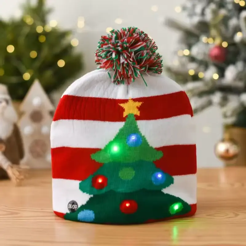 Christmas tree beanie with lit LEDs and an ON/OFF switch