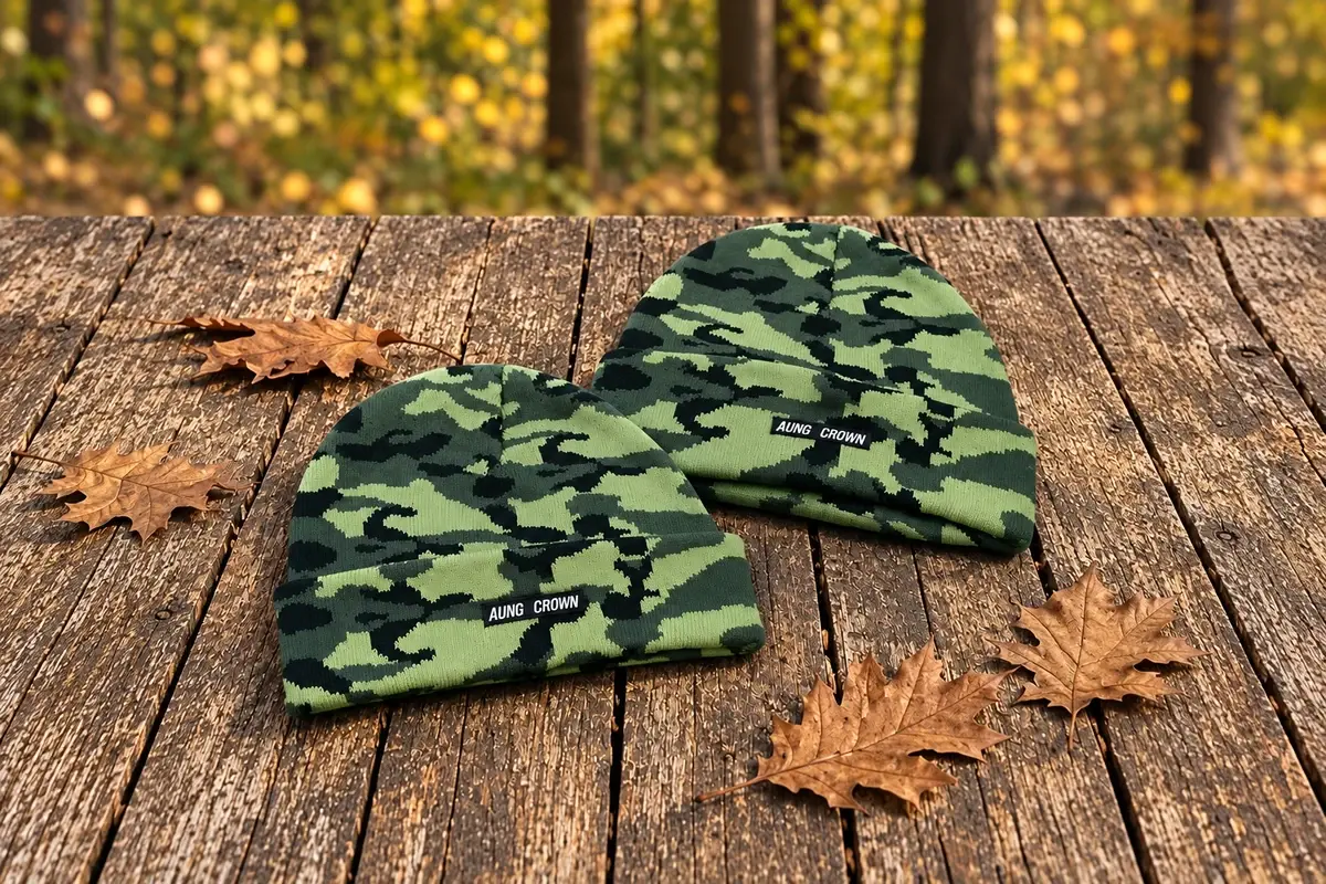 Two green and charcoal camouflage cuffed beanies with AUNG CROWN labels on a wooden table