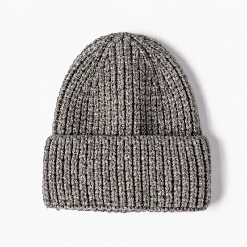 Gray chunky knit cuffed beanie with thick vertical stitch texture
