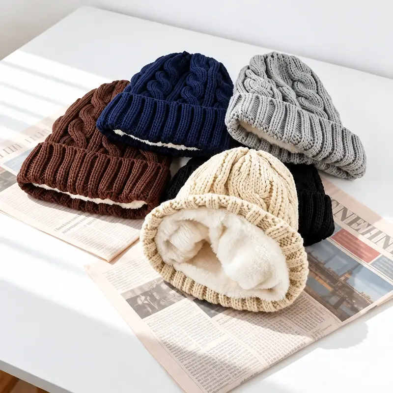 Four cuffed knit beanies with plush fleece lining visible inside the cream hat