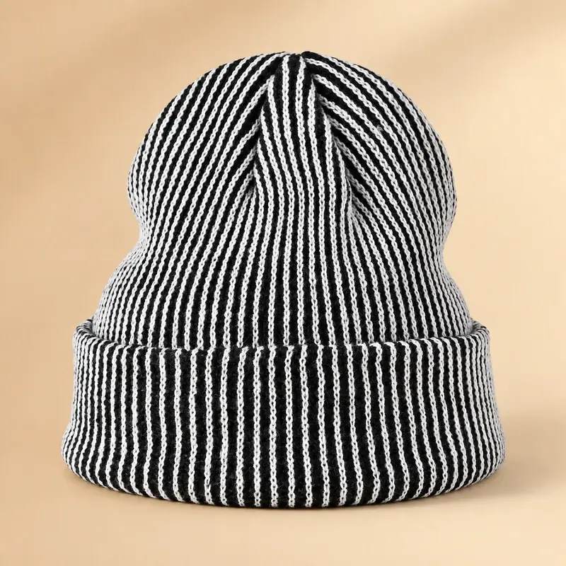 Gray and white striped cuffed beanie showing pronounced vertical rib knitting