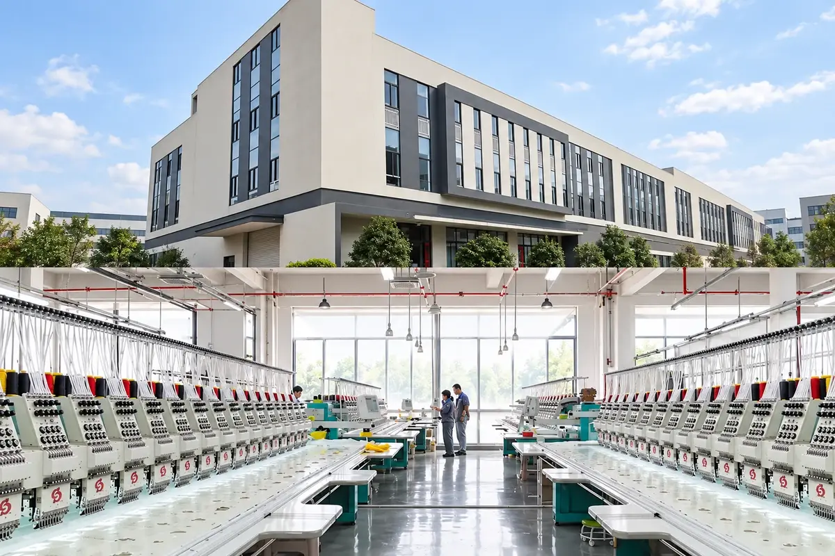 Factory exterior and bright interior with rows of knitting machines and staff