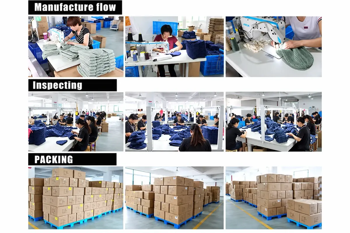 Three stages showing knitting and sewing, workers inspecting beanies and packed cartons