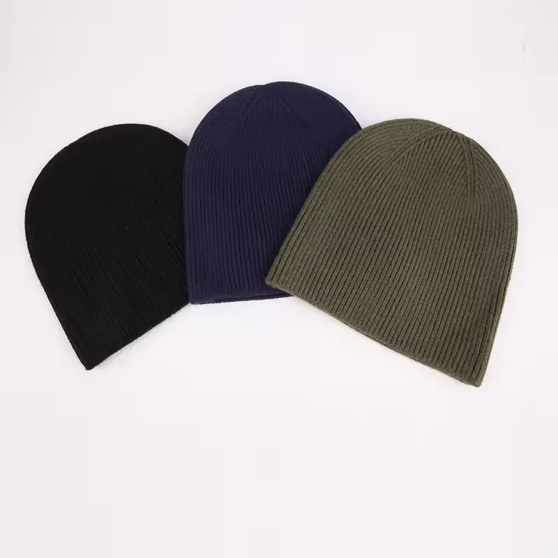 Three ribbed cuffless beanies in black, navy and olive