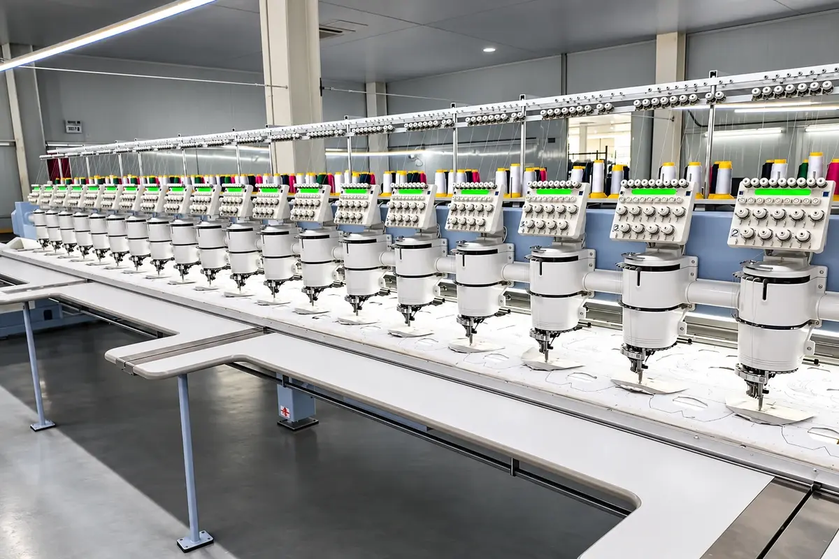 Computerized flat knitting machines in a factory production area