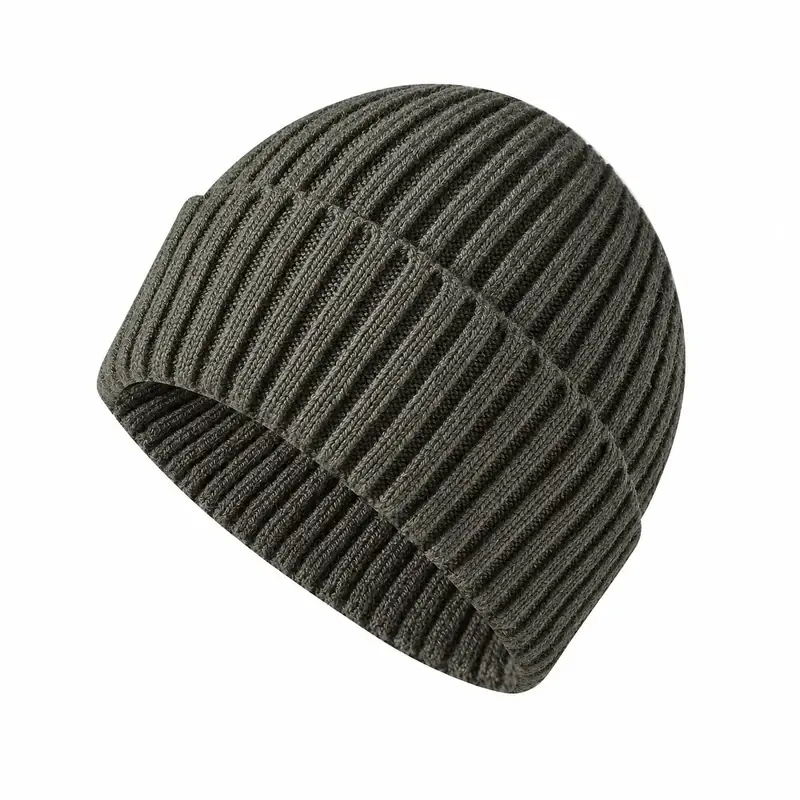 Gray ribbed short fisherman beanie with a folded cuff