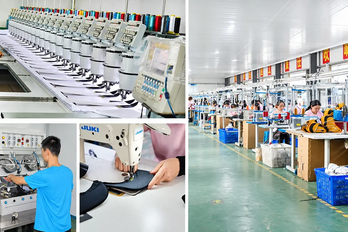 Knitting machines and workers on a factory production floor