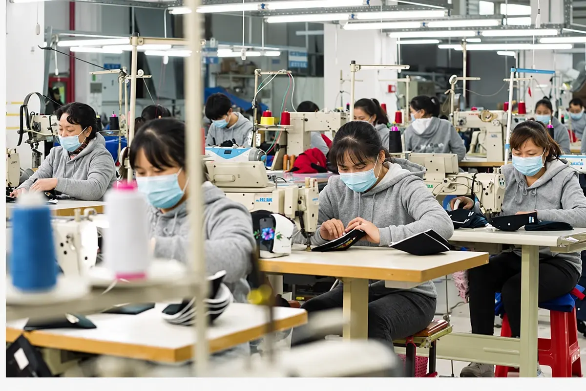 Workers sewing on industrial machines in the in-house production area