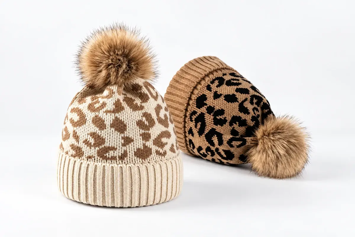 Two cuffed pom pom beanies in cream and brown with animal-inspired knit patterns and faux fur poms