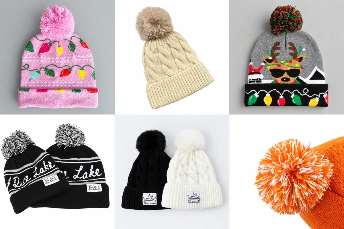 Six pom-pom beanie examples showing yarn and faux-fur poms, knit patterns and color options