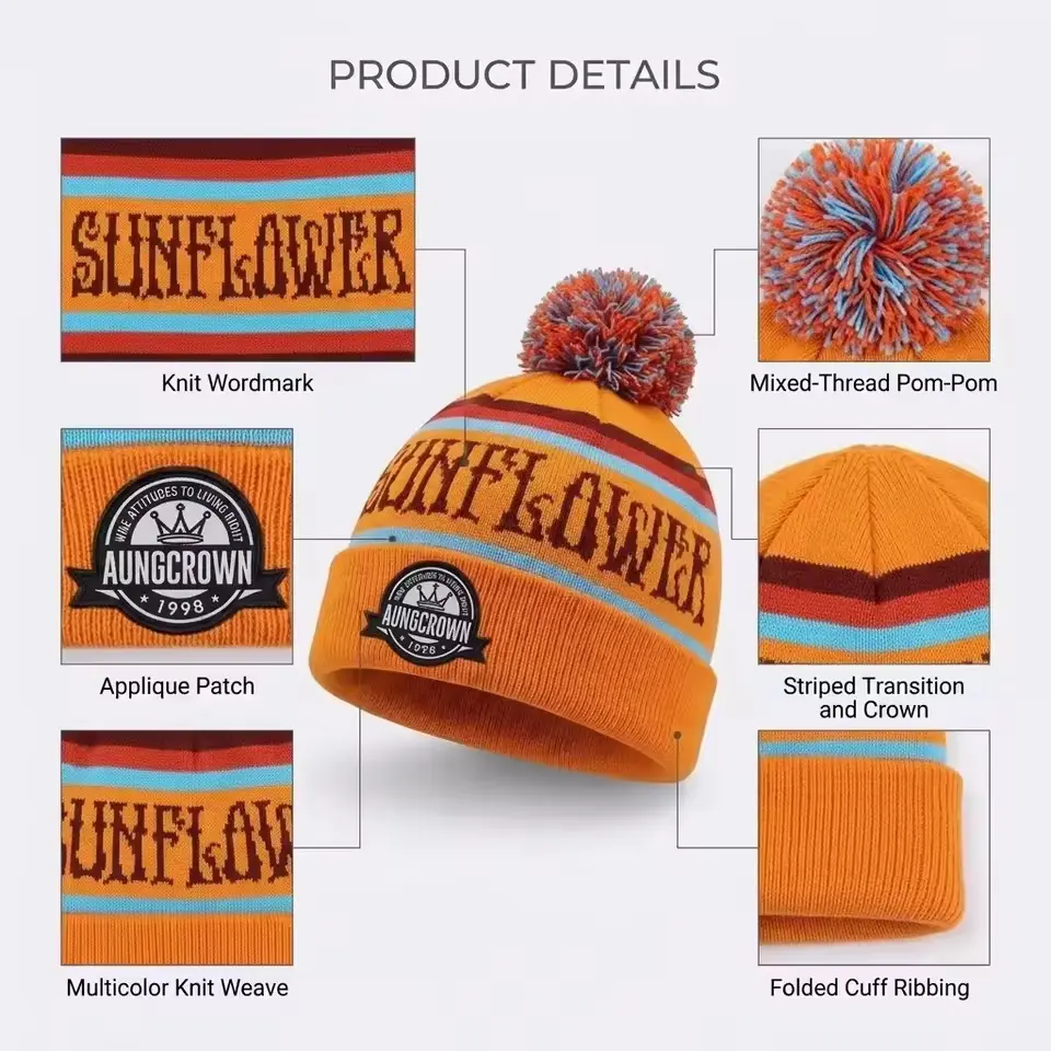 Orange striped pom-pom beanie with labeled details of the pom, knit, patch, crown and cuff