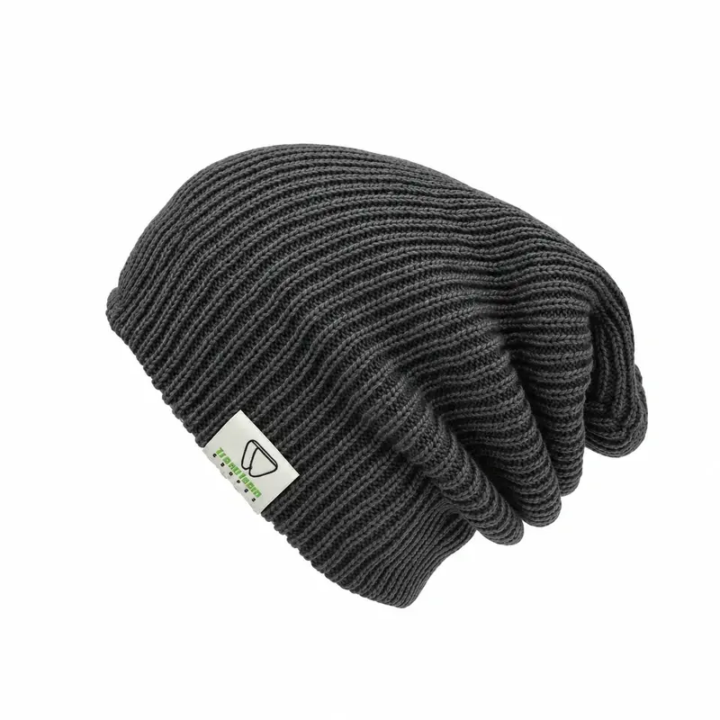 Charcoal ribbed slouchy beanie with relaxed rear crown drape