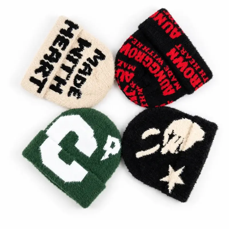 Three lightweight slouchy knit beanies in cream, black and green