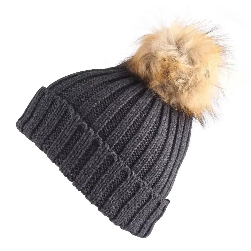 Charcoal cable-knit slouchy beanie with a light faux-fur pom