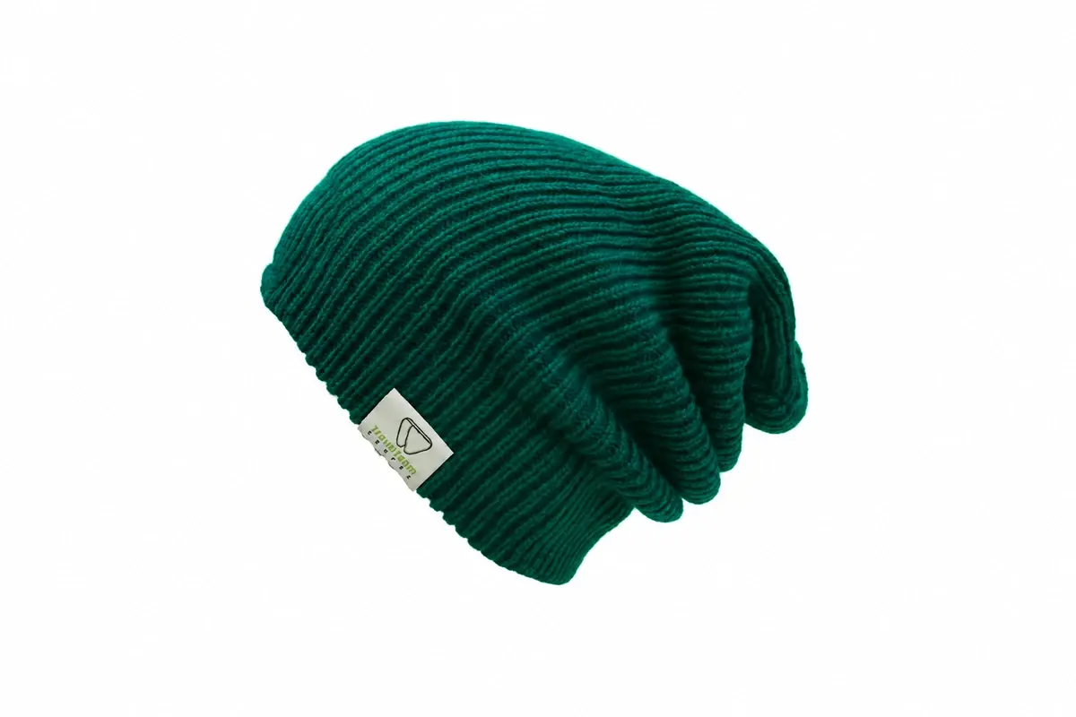Green rib-knit slouchy beanie with a relaxed rear drop