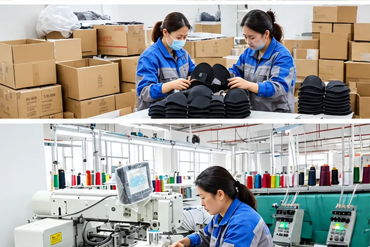 Factory workers examining finished headwear on a production floor