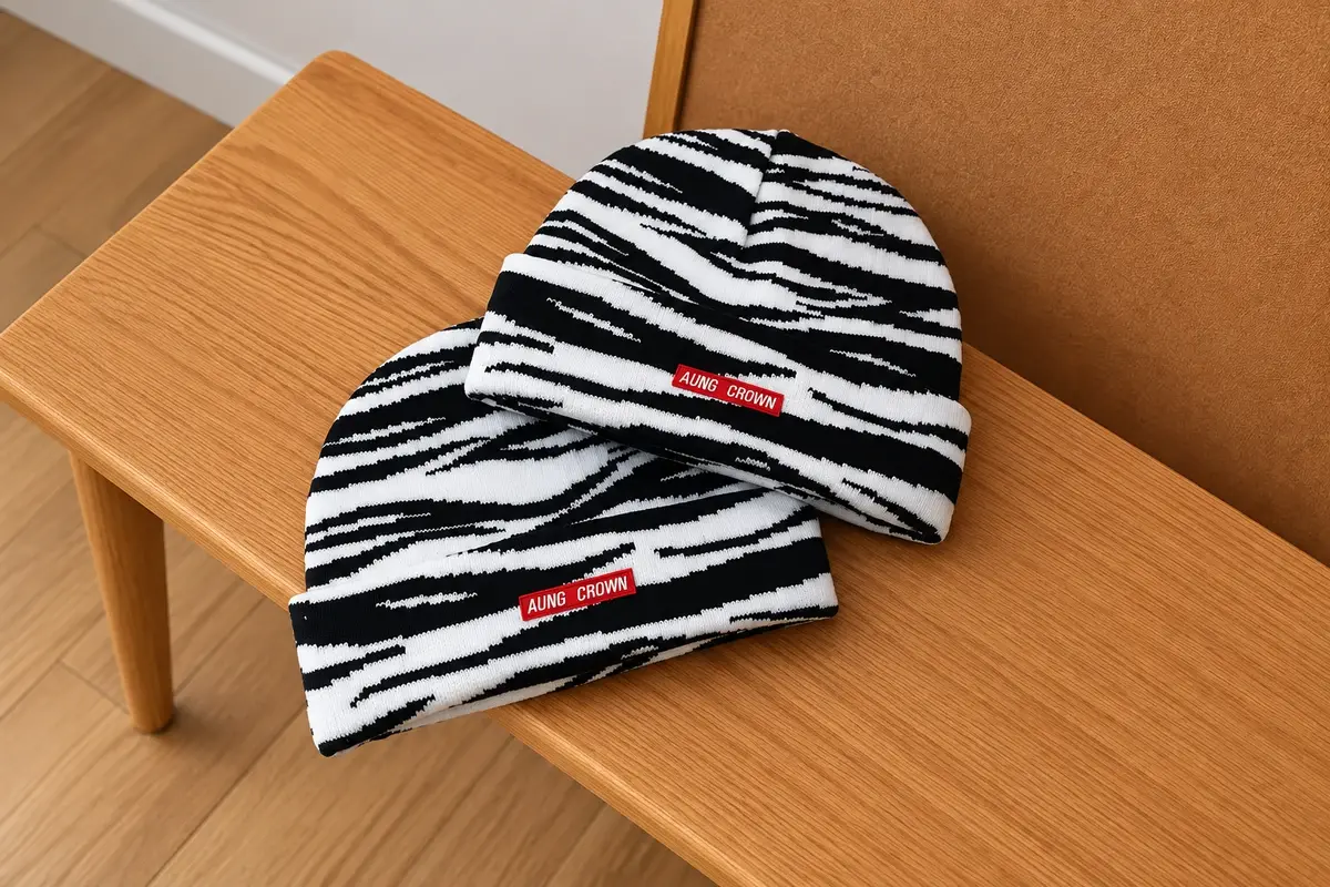 Two black and white striped cuffed knit beanies with woven labels