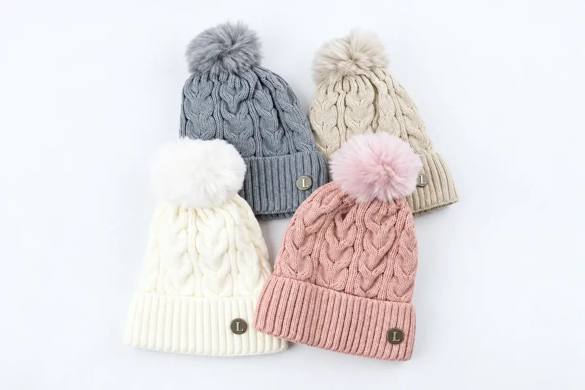 Four pastel cable knit pom pom beanies in gray, cream, white and blush