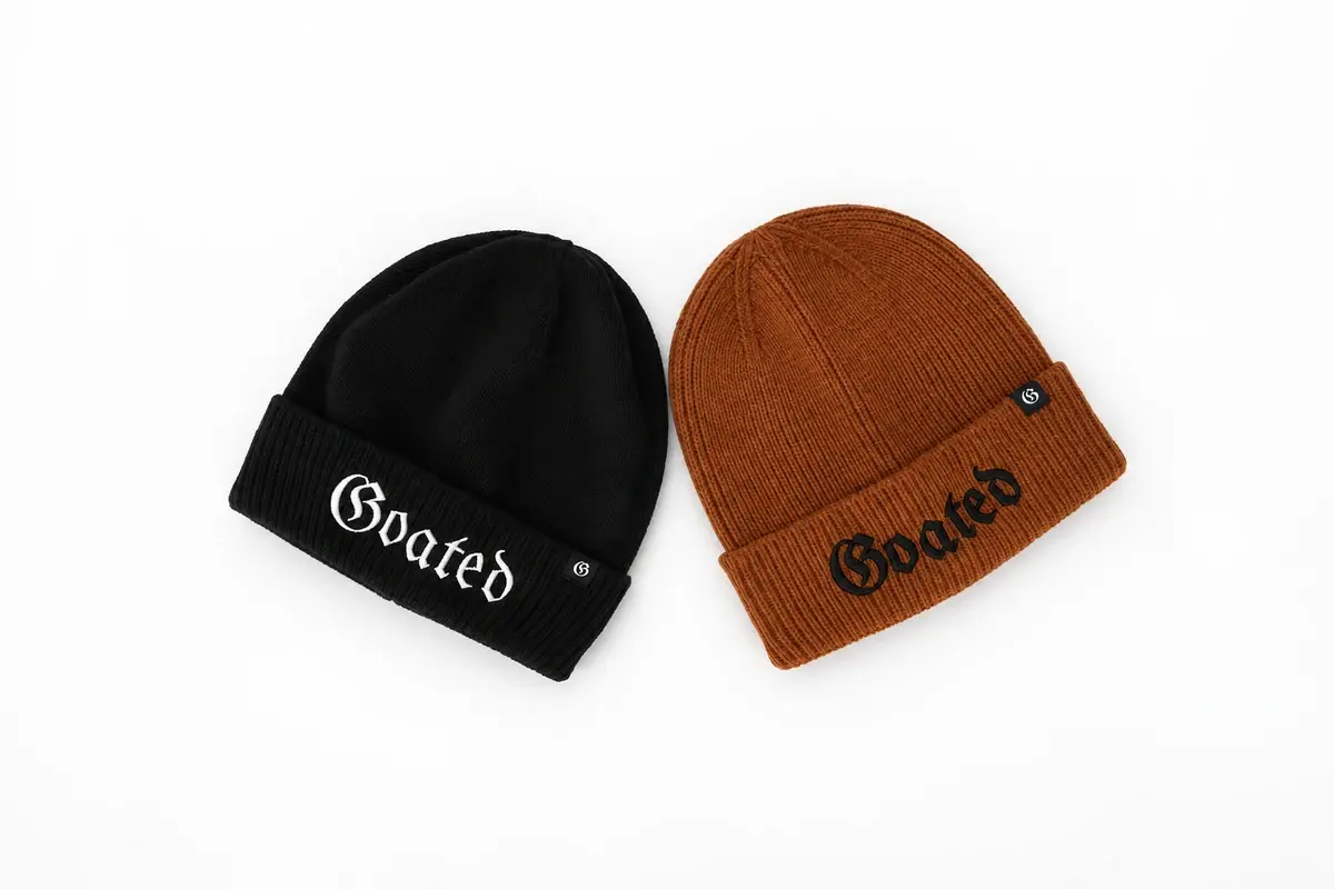 Black and rust short cuffed rib knit beanies with embroidered branding