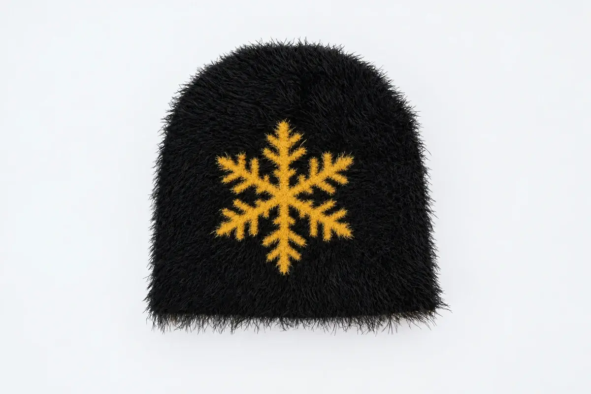Black cuffless knit beanie with a gold embroidered snowflake