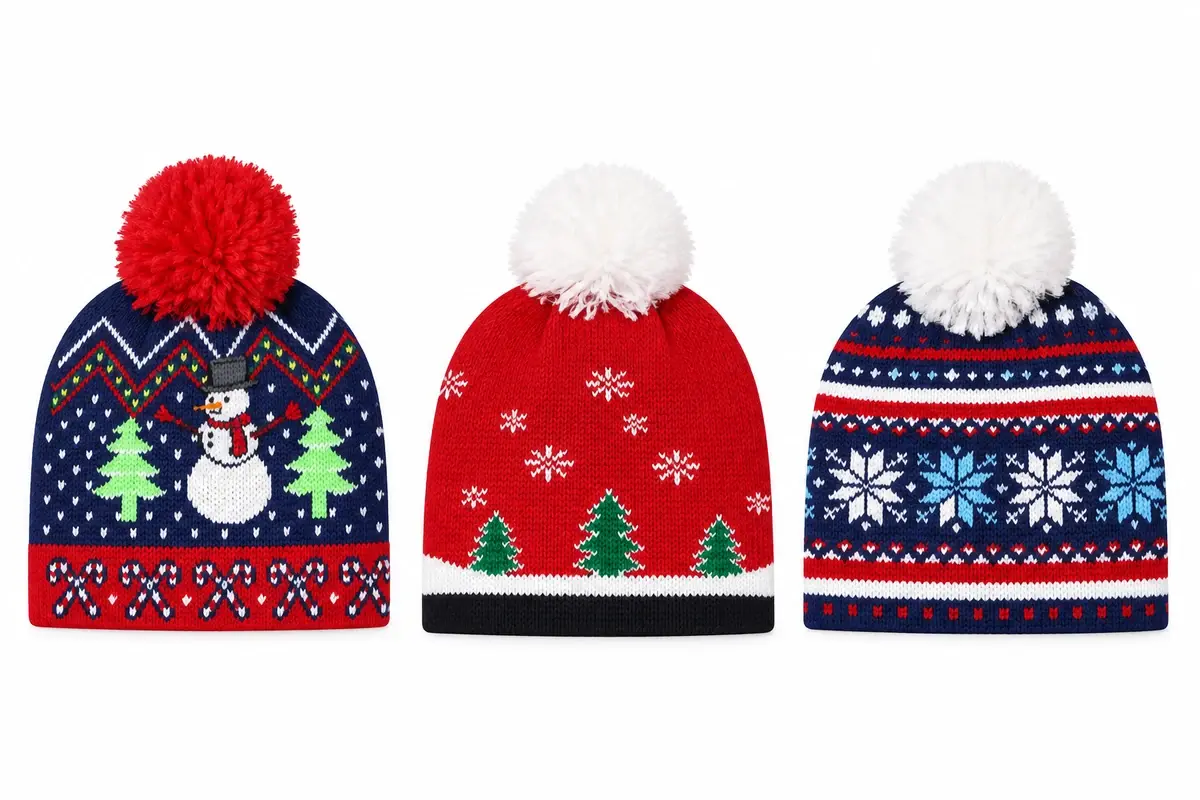 Red, navy and white Christmas beanies with snowman, tree and snowflake knit motifs