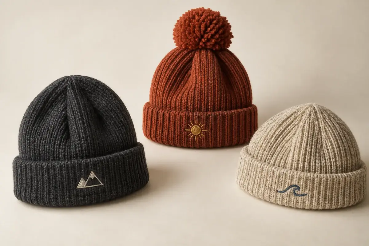 Three embroidered knit beanies with different cuff styles