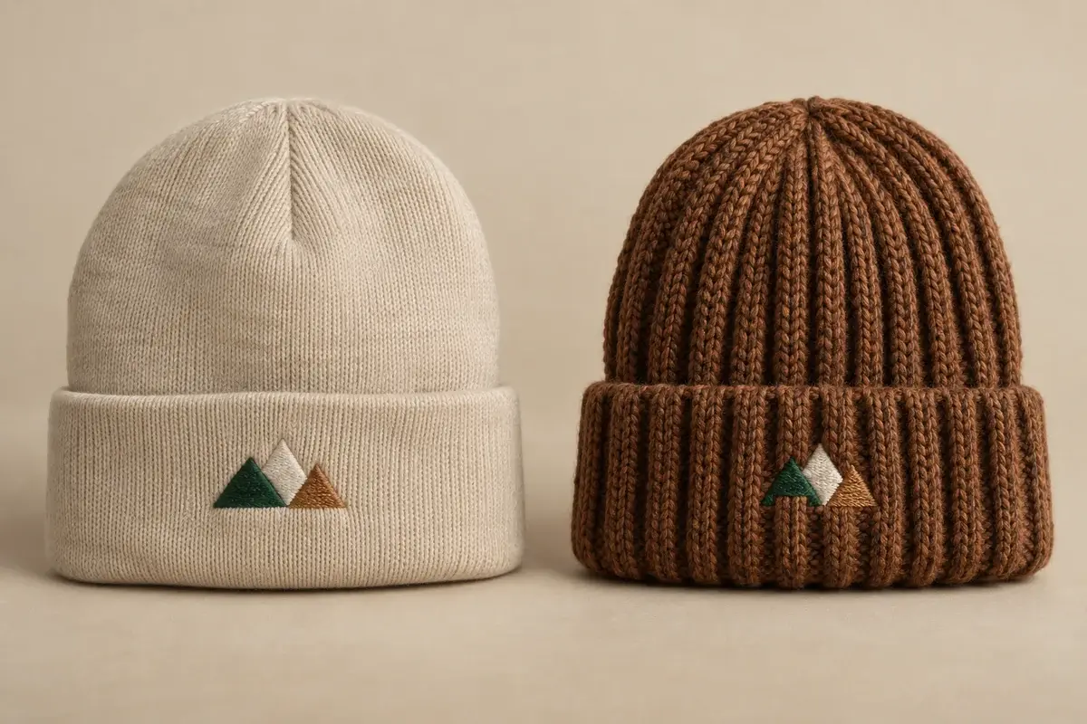 The same embroidered motif on smooth and chunky knit beanies