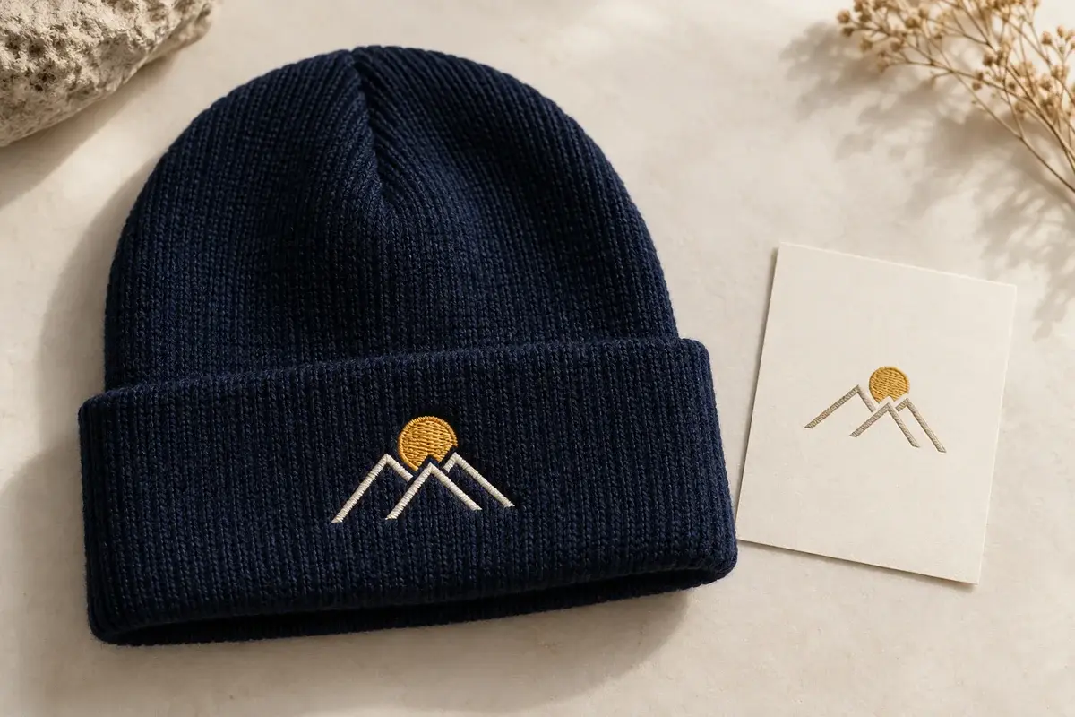 Navy beanie embroidery beside a matching artwork reference