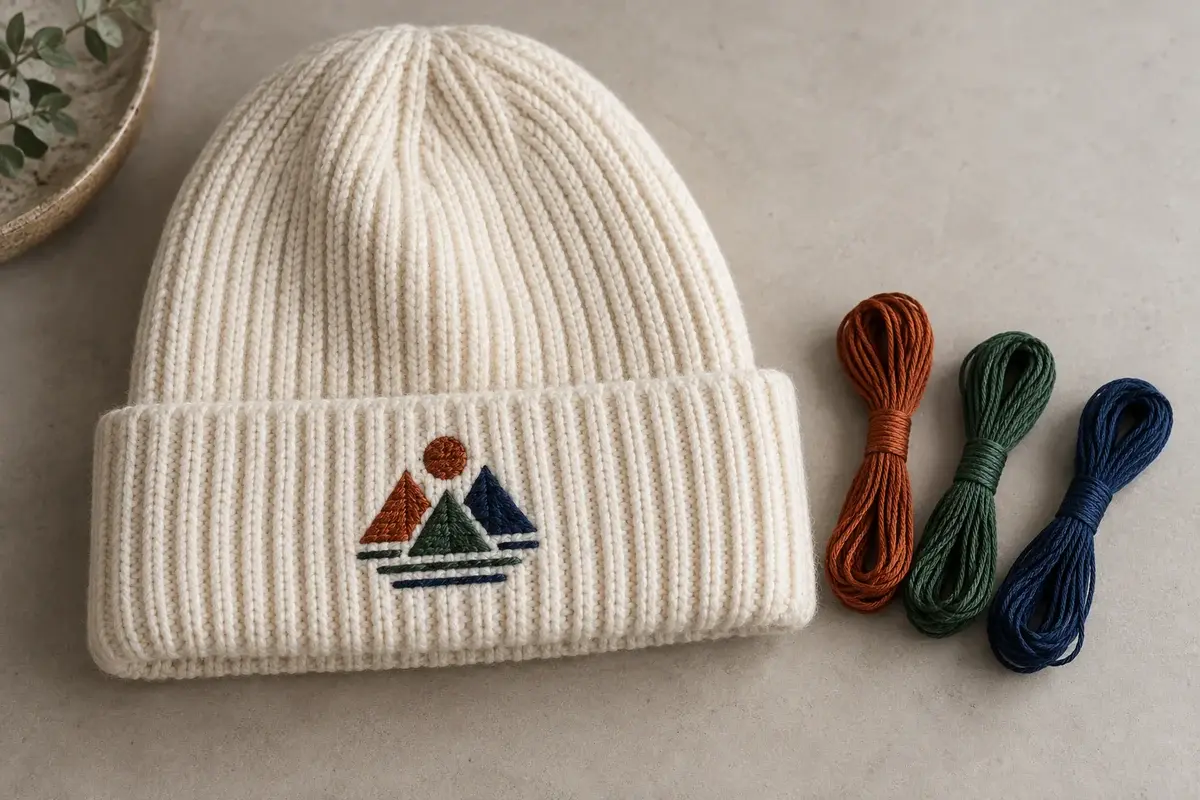 Cream beanie with multicolor embroidery and matching thread skeins