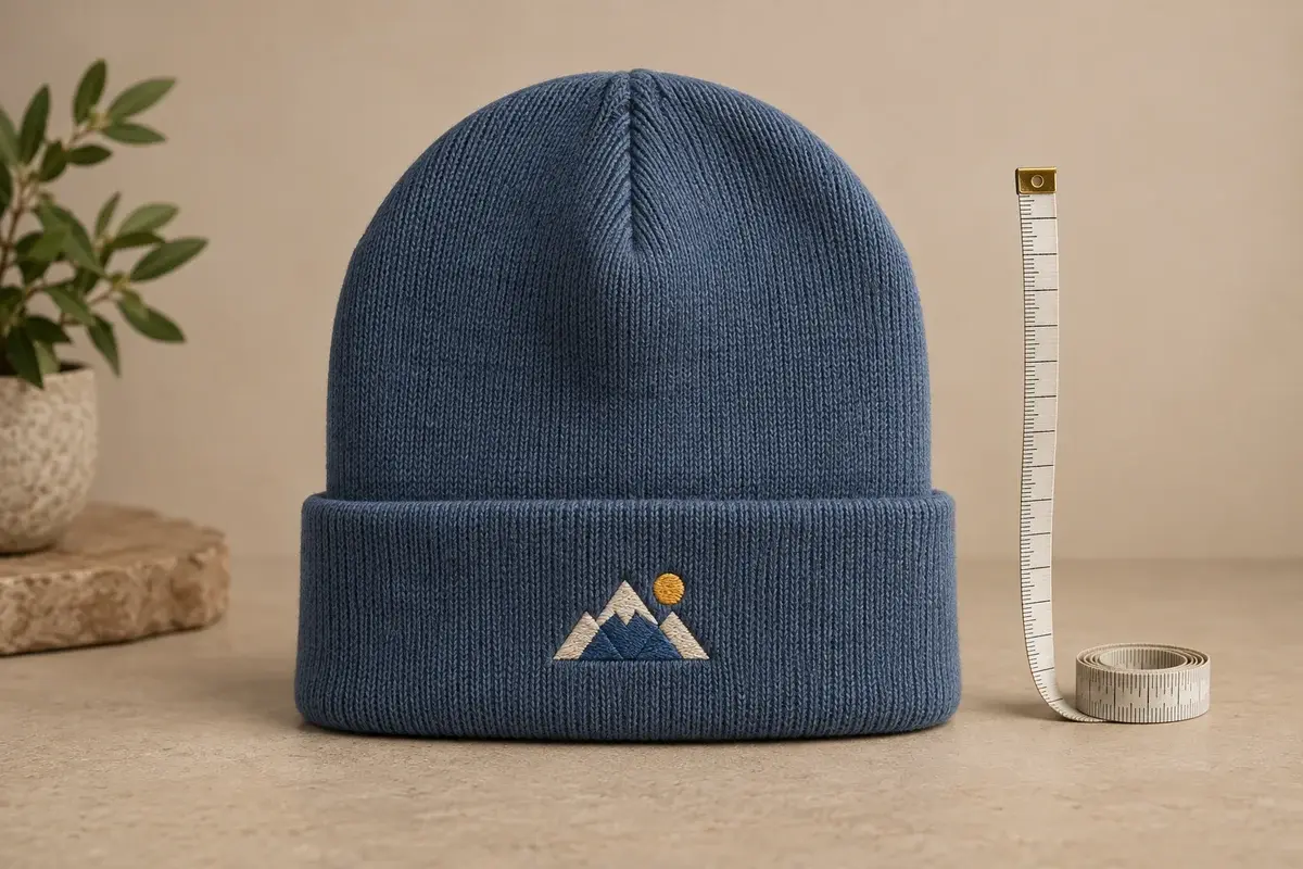 Blue beanie showing centered cuff embroidery and a measuring tape