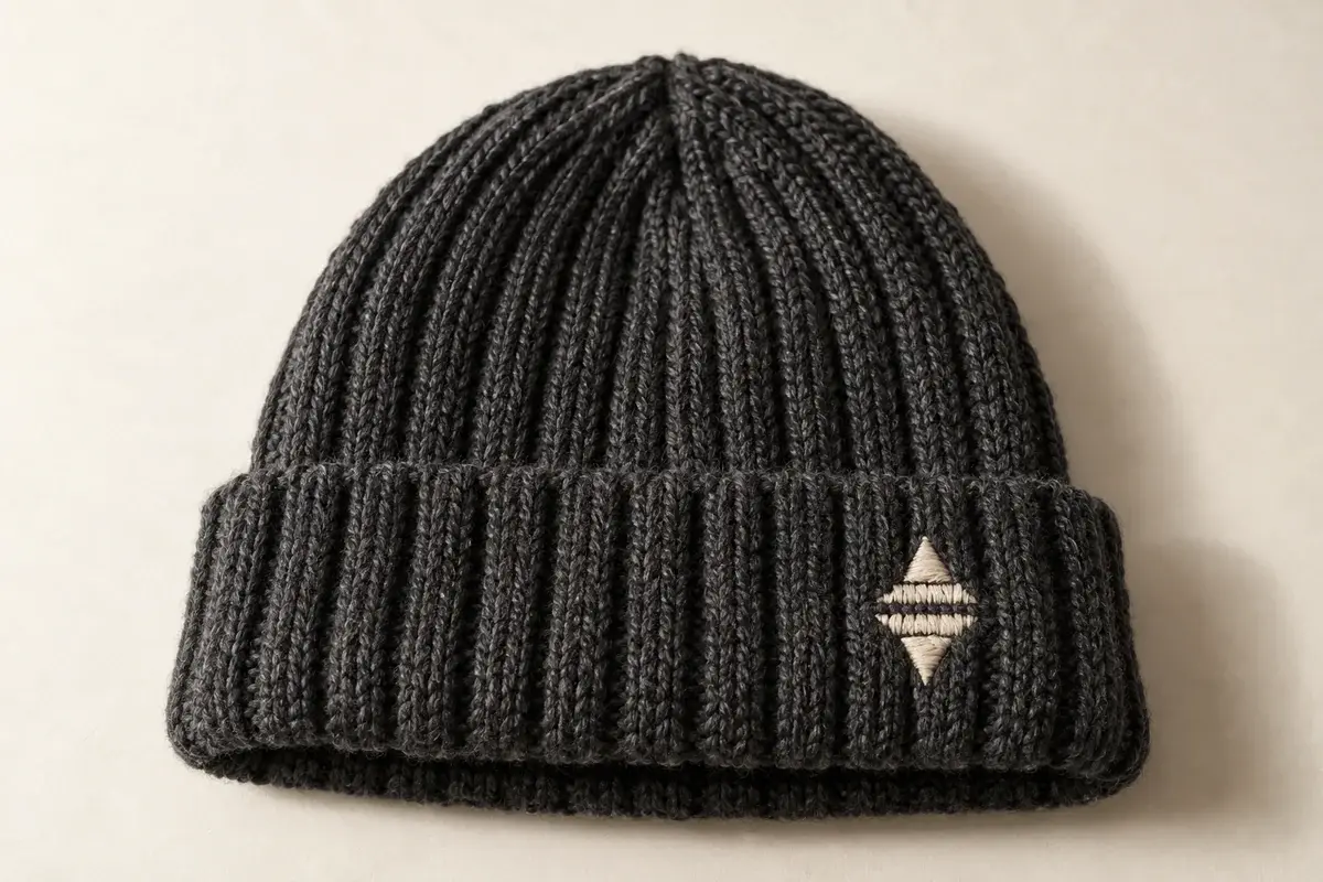 Cream embroidery stitched onto a charcoal ribbed beanie cuff