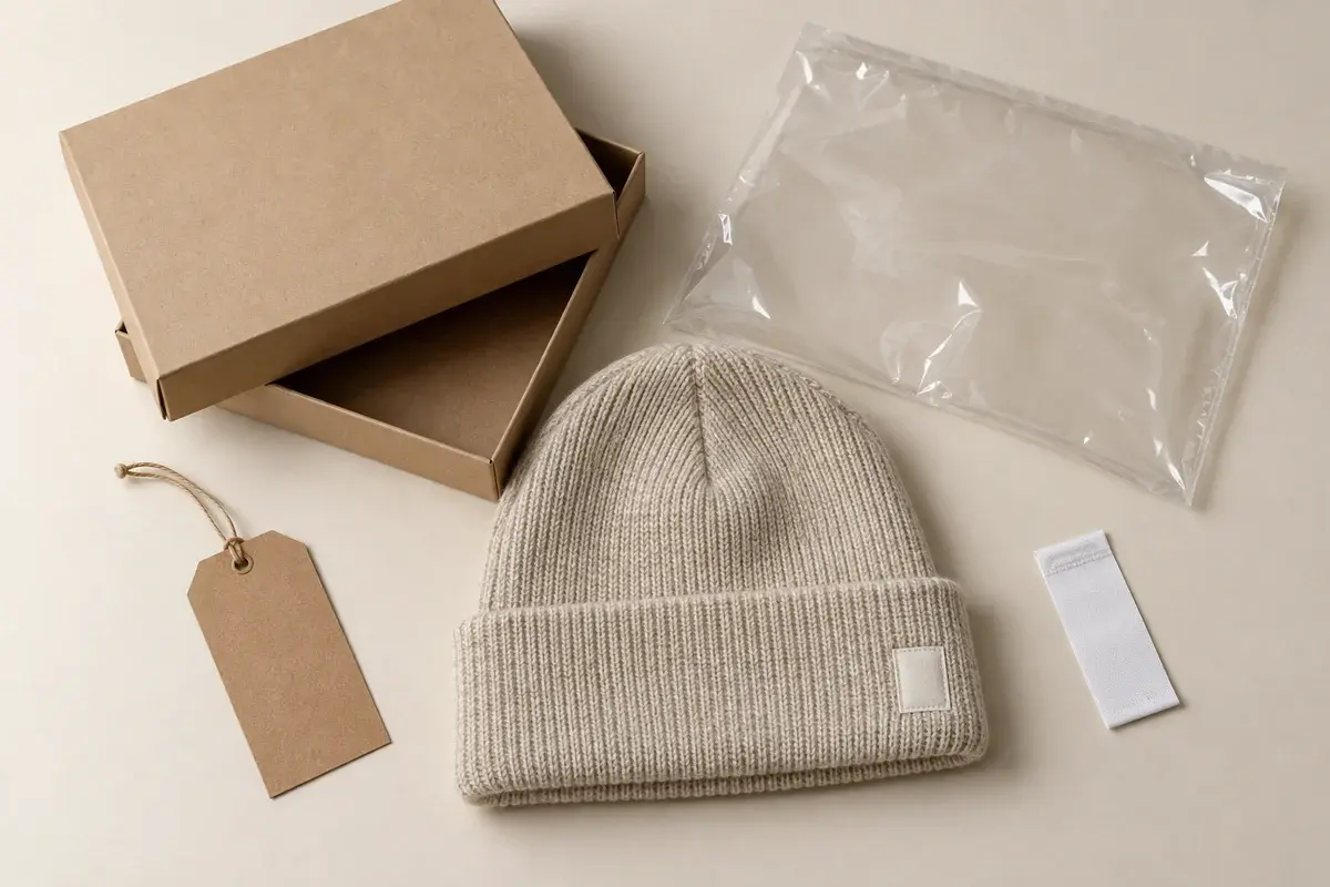 Cream beanie with blank label, care tag, hangtag, bag and kraft box