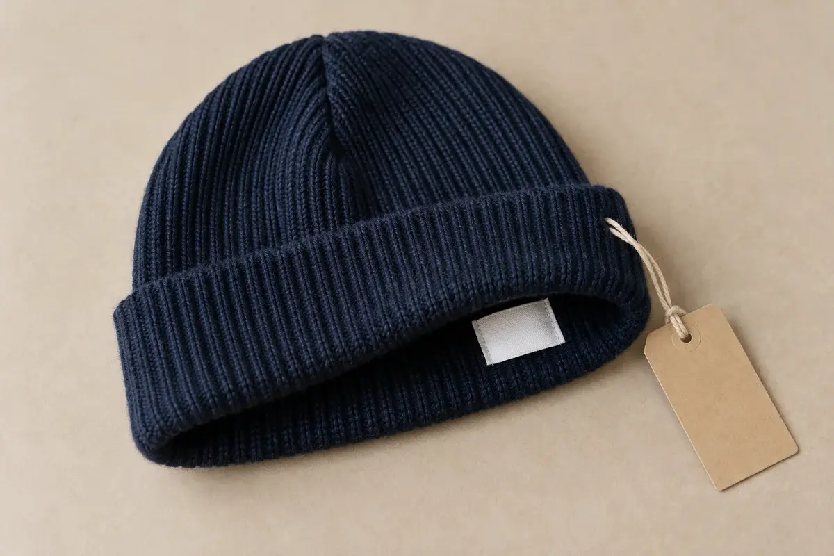 Navy beanie with an inside care label and blank kraft hangtag