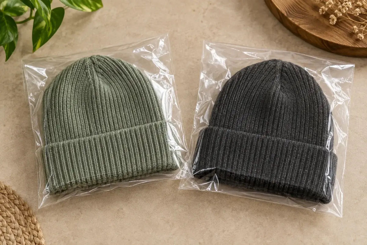 Sage and charcoal beanies each packed in a clear individual bag