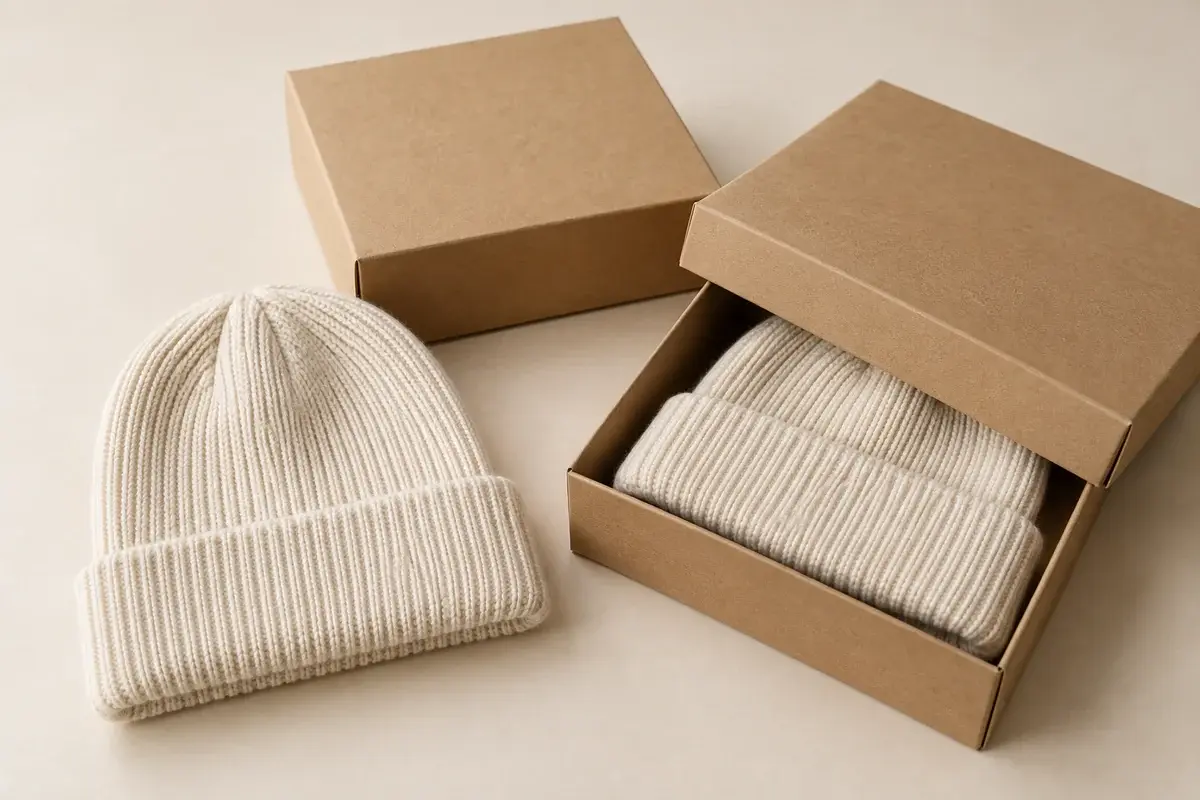 Cream beanie beside plain kraft boxes, one holding a folded beanie