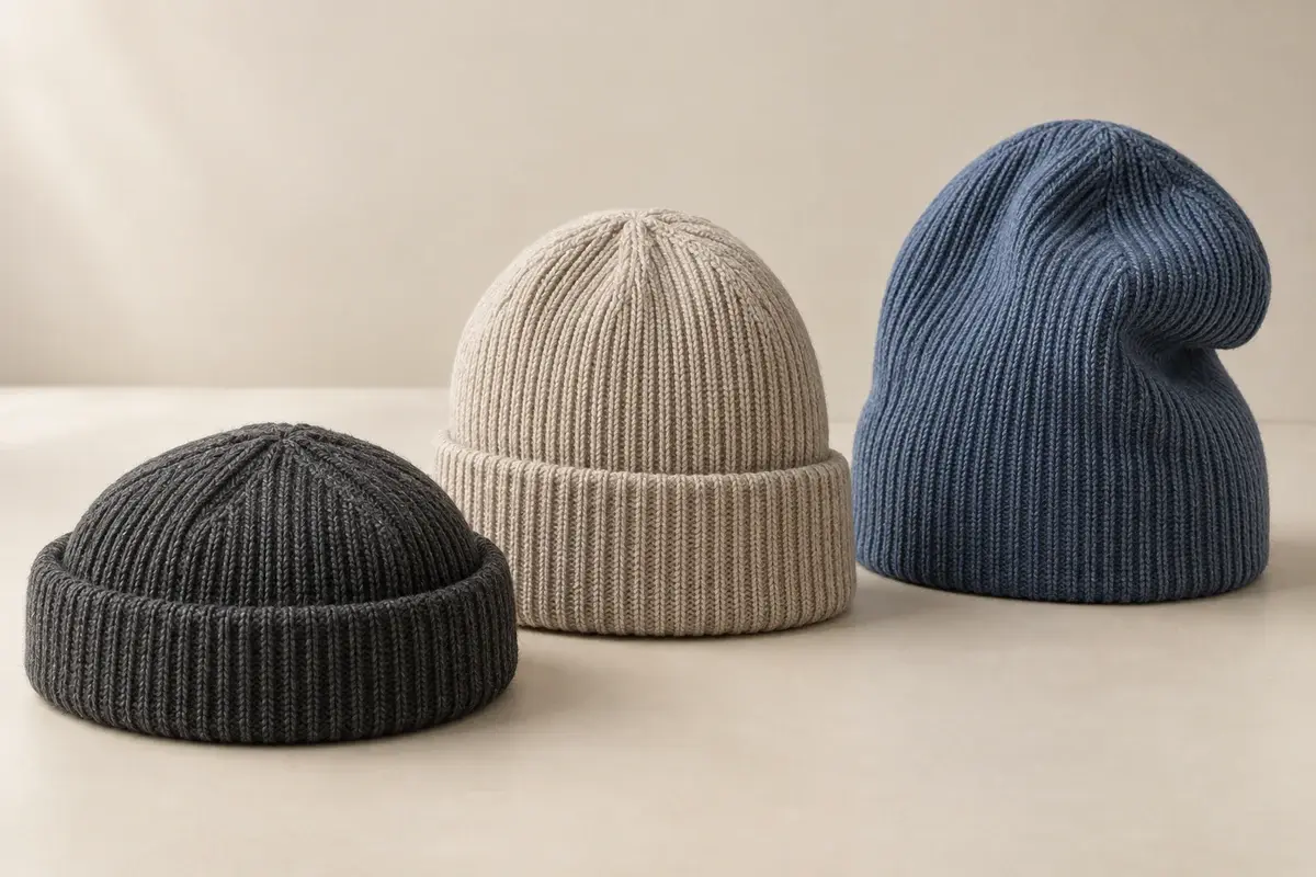 Short fisherman, standard cuffed and slouchy rib-knit beanie shapes