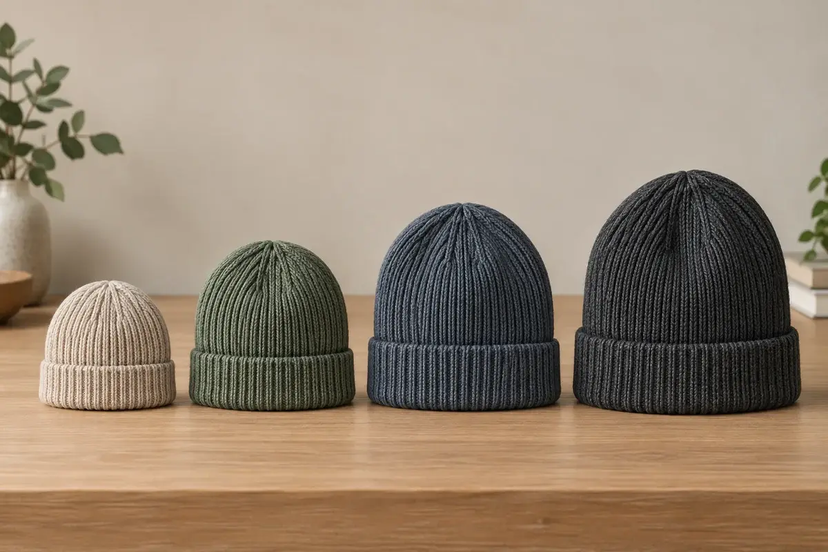 Four rib-knit beanies shown in progressively larger sizes