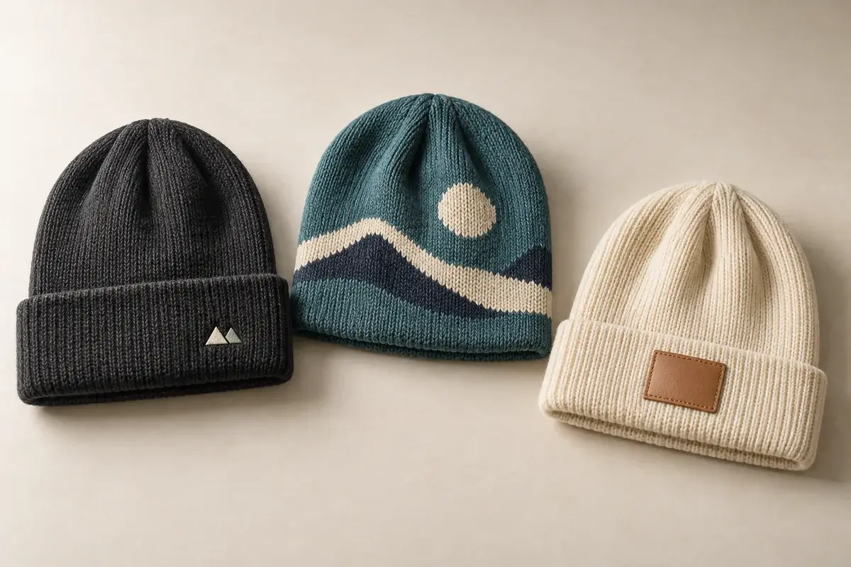 Three knit beanies showing embroidered, knitted and leather patch branding