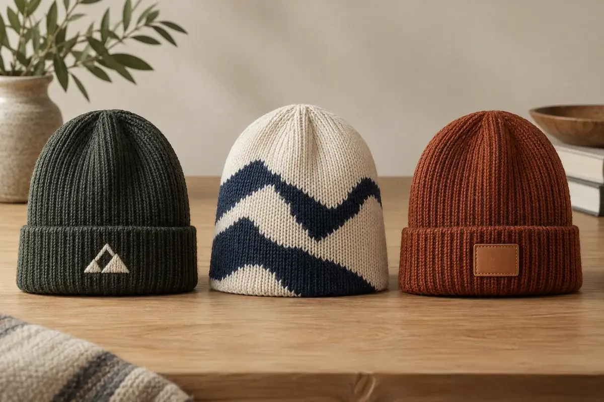 Three beanies comparing stitched, knitted and leather patch logo effects