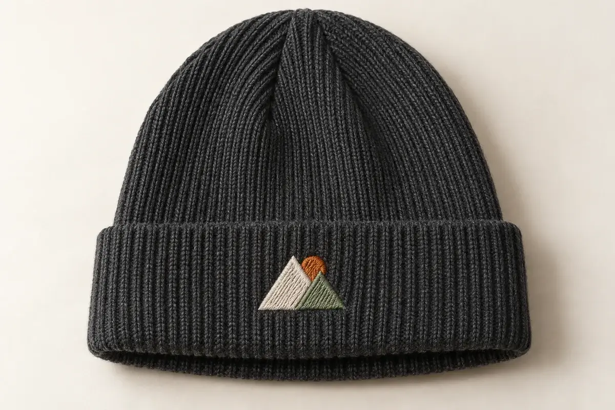Charcoal cuffed beanie with a small geometric embroidered motif