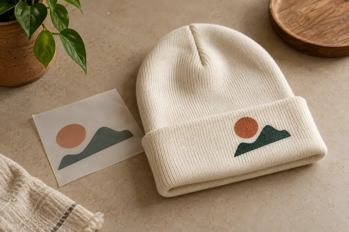 Cream beanie with a two-color transfer graphic on the cuff