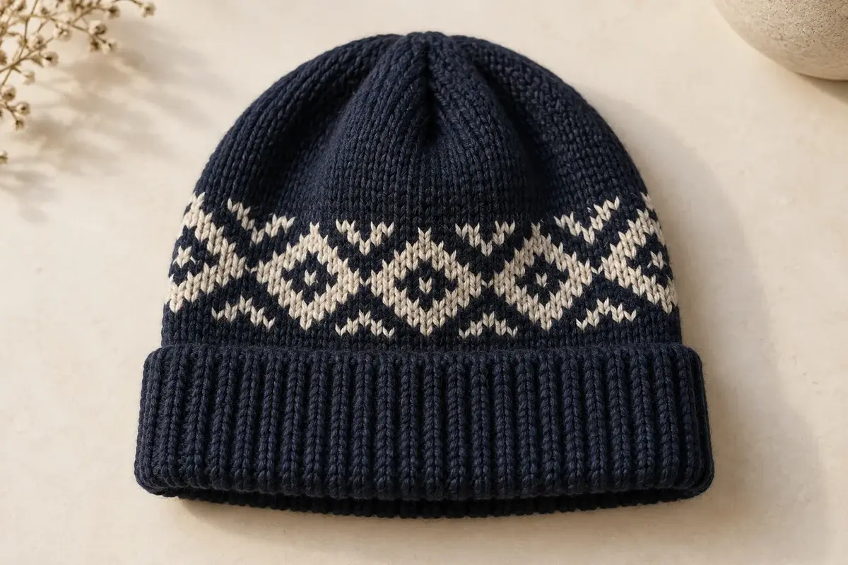 Navy beanie with a cream pattern knitted into the fabric