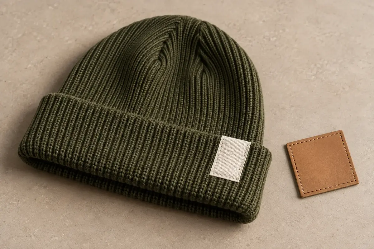 Olive beanie with a blank woven label and a separate leather patch
