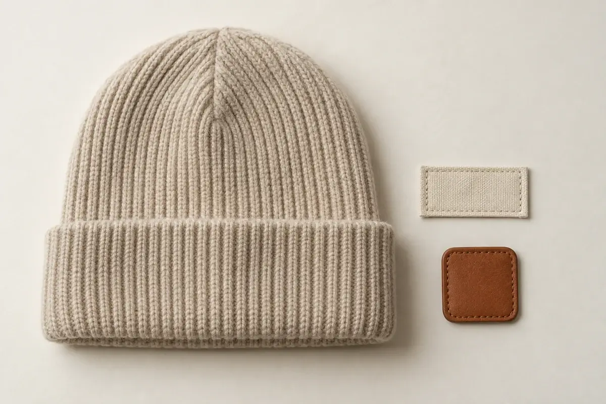 Oatmeal beanie beside blank woven and leather patch samples