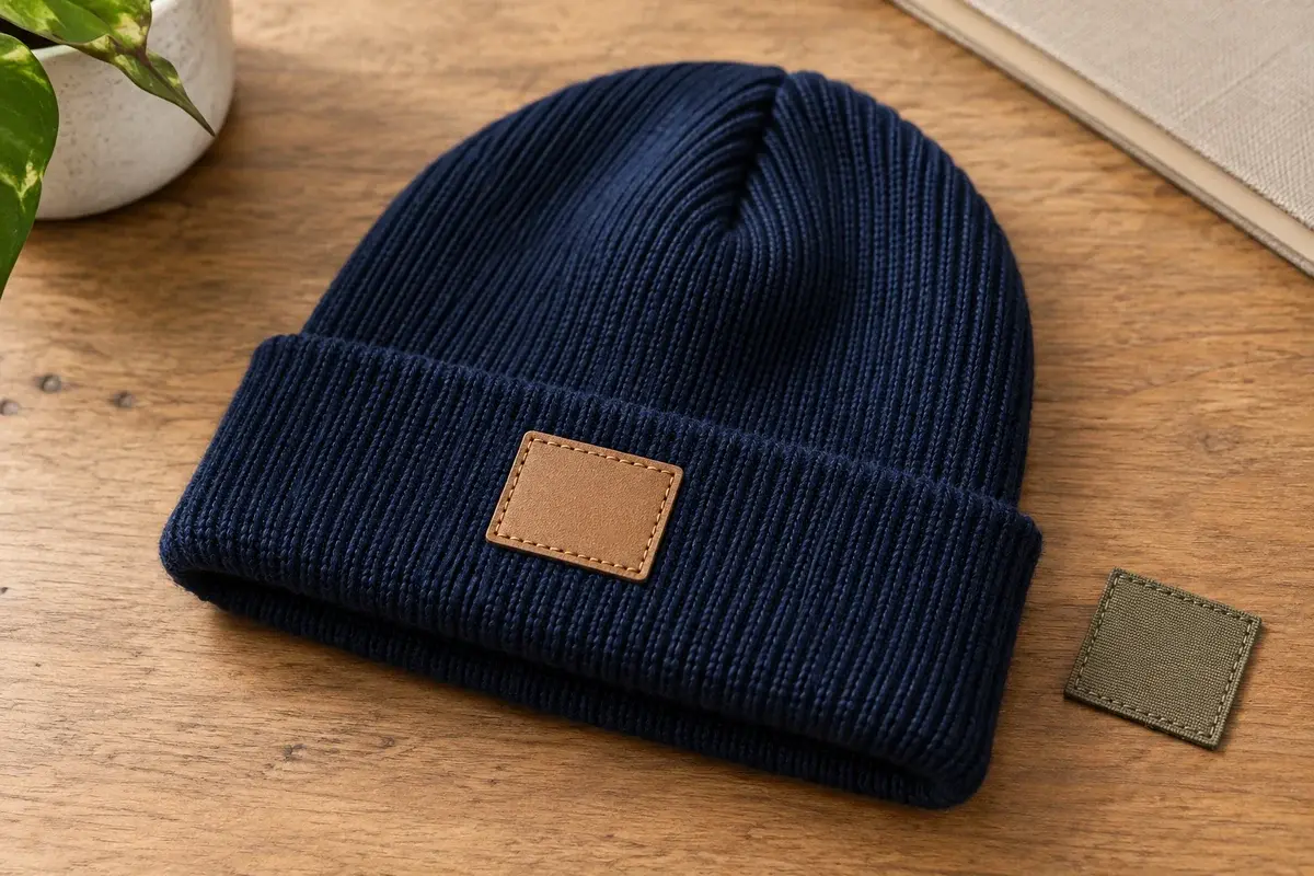 Navy beanie with a stitched tan patch aligned on the folded cuff