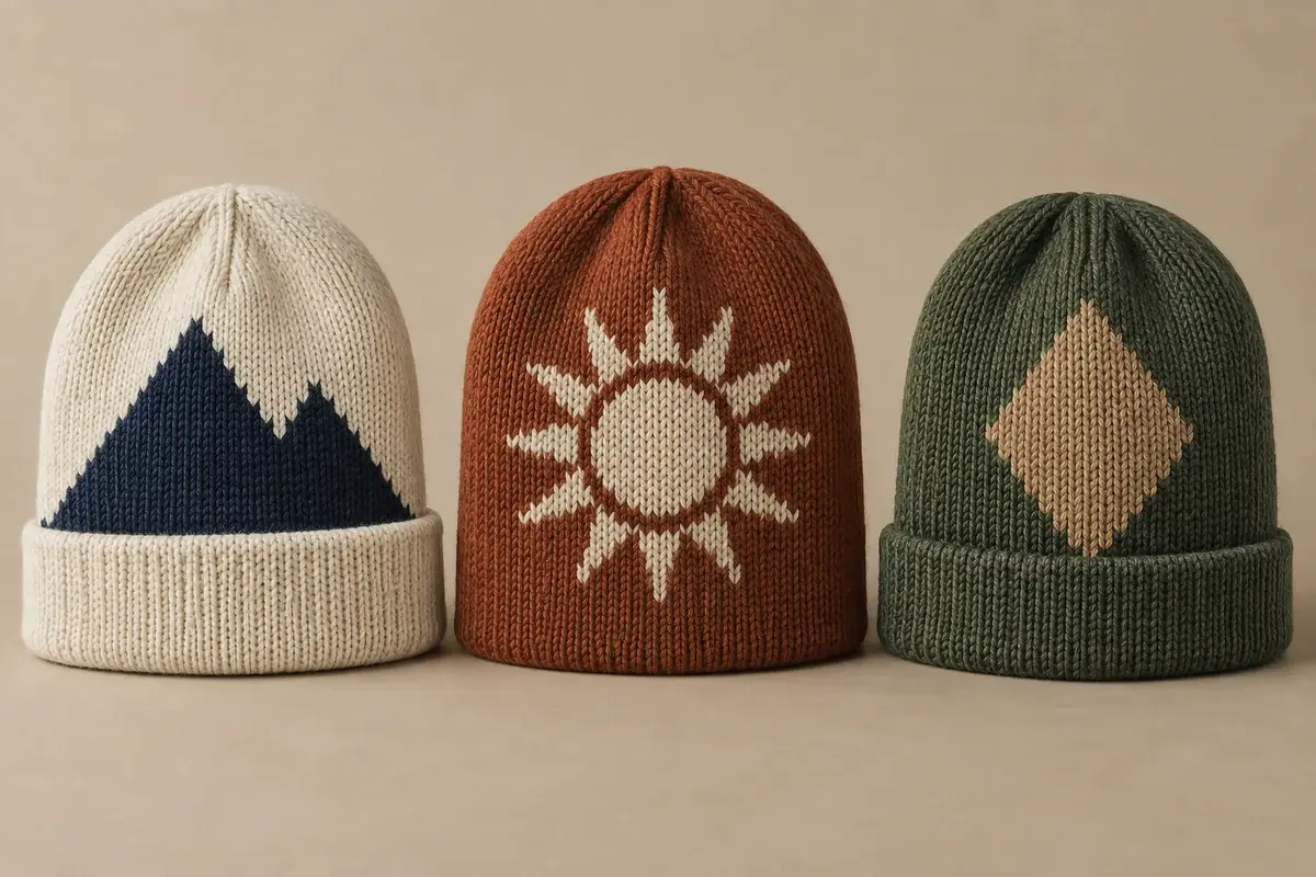 Three beanies with placed intarsia mountain, sun and diamond motifs